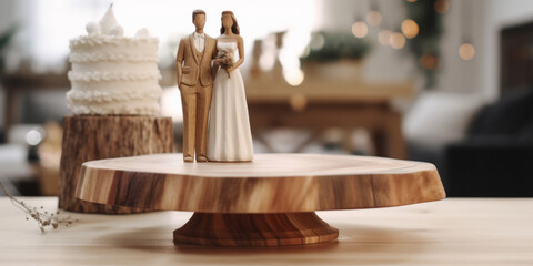 Wall Mural - Empty wooden counter table top for product display with a wedding couple. Generative ai