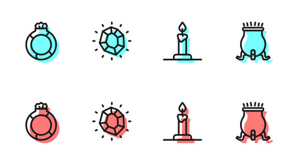 Wall Mural - Set line Burning candle in candlestick, Magic stone ring with gem, and Witch cauldron icon. Vector