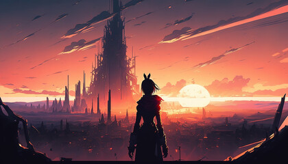 an epic illustration of a japanese inspired anime girl in front of a big scifi city, generative ai technology
