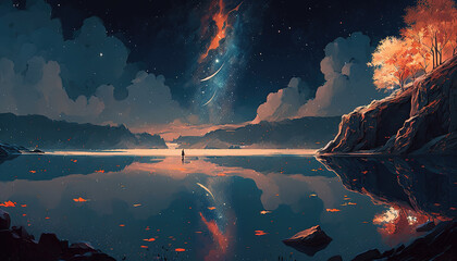 Wall Mural - a very peaceful place on earth at a lake, anime illustration with shining stars, generative ai technology