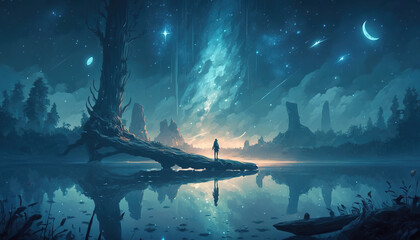 Wall Mural - a fantasy lake illustration in anime style, lonely but magical, generative ai technology