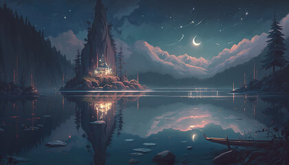 Wall Mural - a peaceful place on earth in anime style, moonlight at lake, generative ai technology