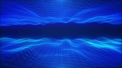 Fototapete - Abstract technology futuristic blue dynamic wave data flowing landscape horizontal tunnel seamless loop 4K motion concept background.