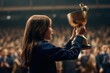 Little girl holding a trophy on the background of the auditorium. Generative AI