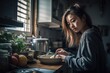 young asian woman cooking in the kitchen at home, lifestyle people concept. Generative AI
