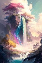 Wall Mural - a big surreal waterfall from a beautiful cherry tree, anime illustration, generative ai technology