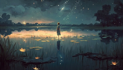 Wall Mural - an anime illustratio of a lonely person standing in a lake watching the sky, generative ai technology