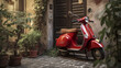 red vespa 50 special parked in an alley in front of a period door and pots with plants. Generative AI,