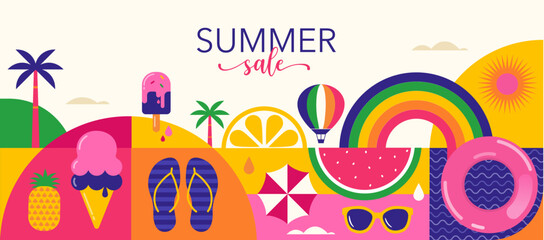 colorful geometric summer background, poster, banner. summer time fun concept design promotion desig