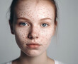 © Generative ART - beauty shot , blue eye woman model, with skin disease, freckles and dry skin or rashes, generative ai
