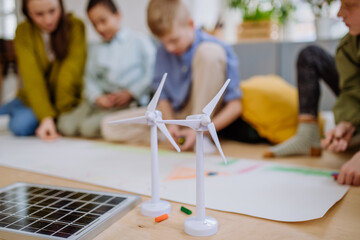 Poster - Close-up of model of wind turbine at a school lesson.