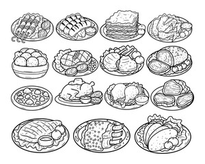 Wall Mural - Set of meat dishes hand drawn outline sketch illustration