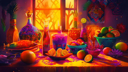 Wall Mural - Abstract illustration of fruits, vegetables and drinks in mexican style. Generative Ai