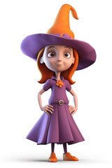 Wall Mural - Little girl witch dressed in purple and orange cartoon character  isolated on a white background Generative AI