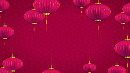 Wall Mural - Air lanterns in paper art style on a red background with a pattern