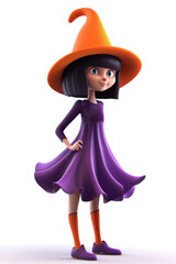 Wall Mural - Little girl witch dressed in purple and orange cartoon character  isolated on a white background Generative AI