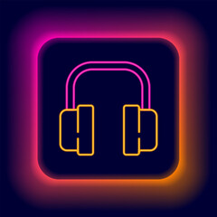 Sticker - Glowing neon line Headphones icon isolated on black background. Support customer service, hotline, call center, faq, maintenance. Colorful outline concept. Vector