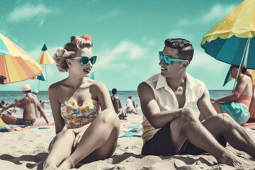 Retro stylefashion woman and man wearing trendy sunglasses and sitting on the beach. Pin up girl, couple. Vacation, holiday, summer creative concept