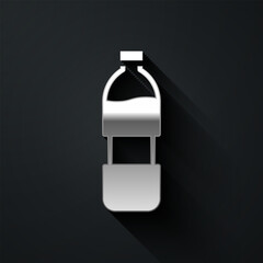 Sticker - Silver Bottle of water icon isolated on black background. Soda aqua drink sign. Long shadow style. Vector