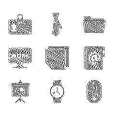 Poster - Set Post note stickers, Wrist watch, Computer mouse, Address book, Chalkboard with diagram, Location text work, Document folder and Identification badge icon. Vector