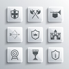 Canvas Print - Set Medieval goblet, shield with sword, Castle, fortress, Shield crown, Target arrow, bow and, and Trumpet flag icon. Vector