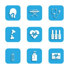 Sticker - Set Heart rate, Hand sanitizer bottle, Laptop with cardiogram, Medical vial, ampoule, Syringe, Human broken bone, Stethoscope and Sore throat icon. Vector