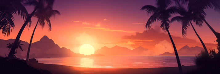 Wall Mural - illustration of a tropical beach at sunset. generative ai.