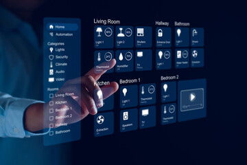 Smart home dashboard interface control connected devices and set up automations. Futuristic virtual screen HUD above digital tablet computer. Assistant technology for smart devices. Smart home concept