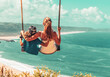 Mother and son having fun on swing above atlantic ocean- Portugal, Nazare- family love, vacation, relaxing, tourism,tropical beach concept
