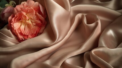  a pink flower sitting on top of a brown cloth covered in satin.  generative ai