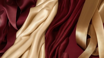  a close up of a red and gold cloth with a gold ribbon.  generative ai