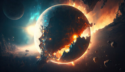 planet destroyed in the space surrounding with stars, flares, asteroids, cosmic background, apocalyp