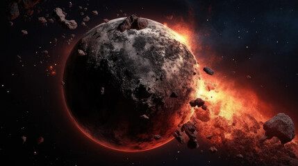 planet destroyed in the space surrounding with stars, flares, asteroids, cosmic background, apocalyp