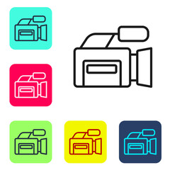 Sticker - Black line Cinema camera icon isolated on white background. Video camera. Movie sign. Film projector. Set icons in color square buttons. Vector