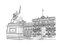 Government House Palace, Pink House, Casa Rosada Front View In Buenos Aires City, Argentina. Architecture, Cityscape Hand Drawn Inked Strokes Sketch Detailed Black And White Vector Illustration.