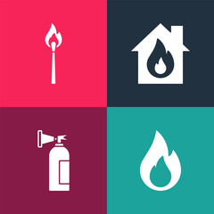 Sticker - Set pop art Fire flame, extinguisher, burning house and Burning match with fire icon. Vector