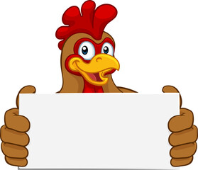 Wall Mural - Chicken Rooster Cockerel Holding Sign Cartoon