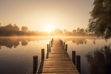 Wall Mural - warm sunrise at a calm lake. generative ai.