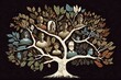 Family tree with branches extending back several generations with each family member depicted in a different color, concept of Genealogy and Ancestry, created with Generative AI technology