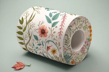 Roll of toilet paper unfurling itself with a pattern of leaves and flowers printed on it, concept of Patterned Toilet Paper and Unfurling Design, created with Generative AI technology