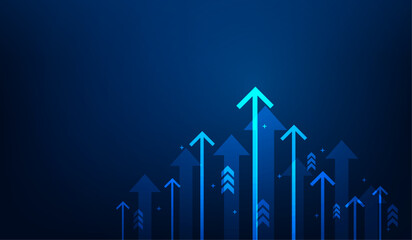Wall Mural - business increase arrow up digital technology on blue background. income profit and investment growth. stock market trading achievement. vector illustration fantastic low poly design.