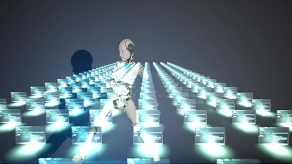 Wall Mural - dancing robot chat bot happy with pc computer programming in background ai take human work