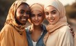 © Enigma - Group of three happy multiethnic friends looking at camera, generative AI