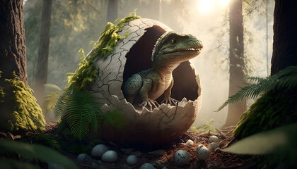 Wall Mural - Young dinosaur T Rex hatches from an egg in forest in habitat, Jurassic period. Generation AI