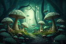 Green Fairytale Forest With Mushrooms. Illustration. AI Generated