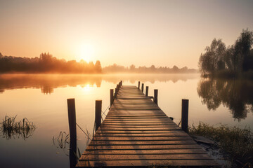 Wall Mural - beautiful morning sunrise at a lake. generative ai.