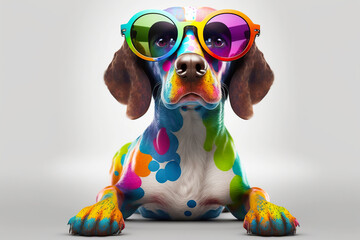 Cartoon colorful dog with sunglasses on white background. Created with generative Ai