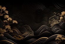 A Black And Gold Background With Flowers And Waves, Japanese Style Illustration Background Created With Generative Ai Technology