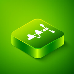 Poster - Isometric Hand ice drill for winter fishing icon isolated on green background. Green square button. Vector