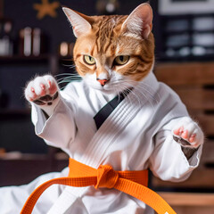 Cat doing karate, antrophomorfic cat in a sporting position, Generative AI